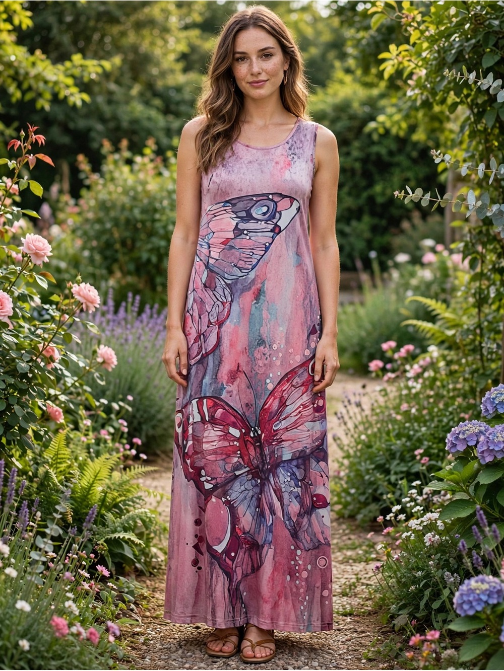 Pink Butterfly Watercolor Maxi Dress - Sleeveless